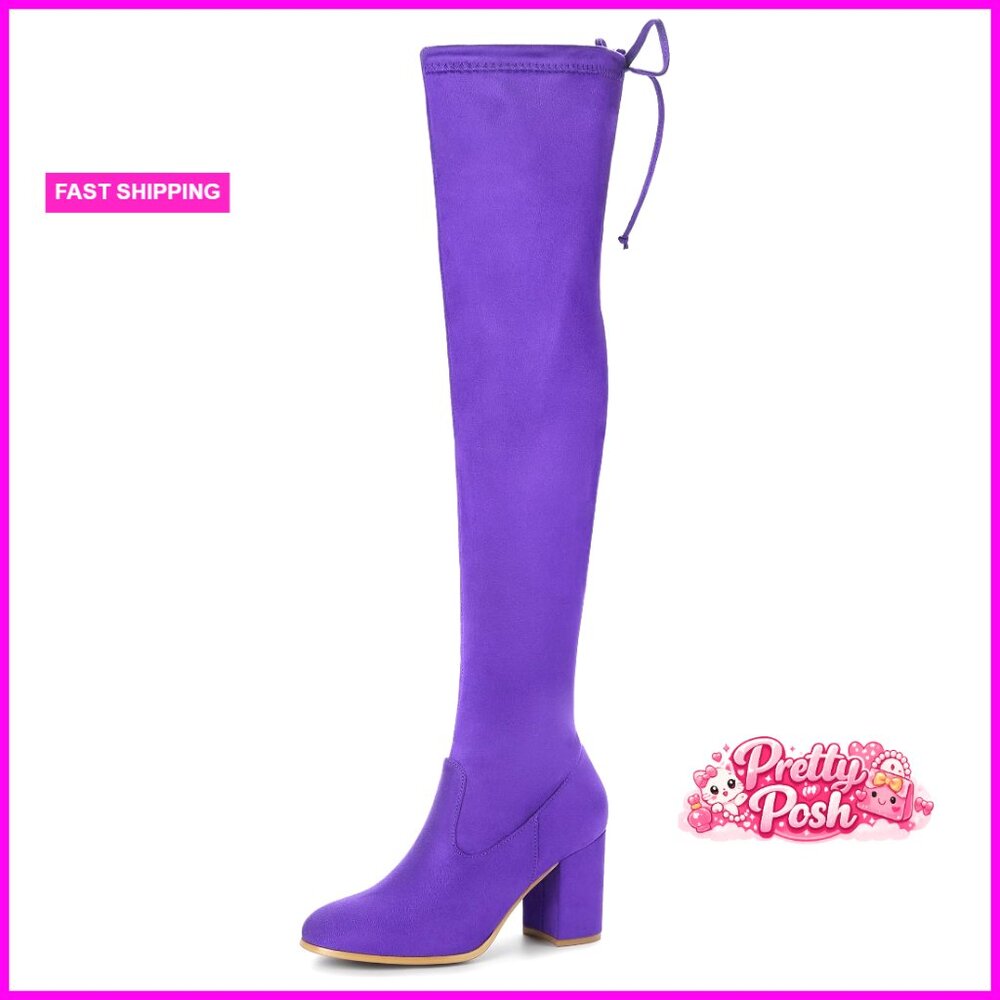 Faux Suede Over The Knee Boots With Chunky Block Heel And Side Zipper